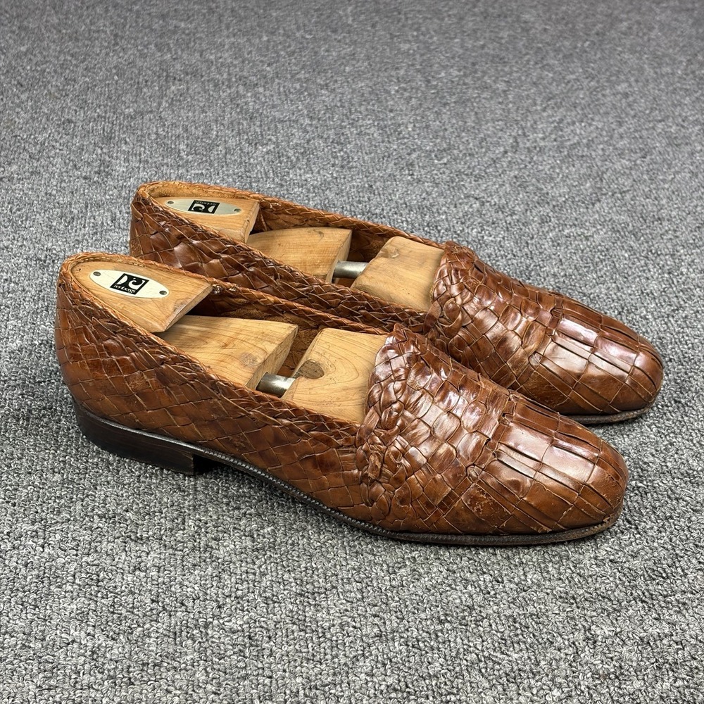 Moreschi Woven Leather Loafers Mens 10 Brown Handmade Italy Basket Weave Slip On